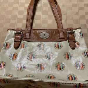Fossil‎ Key-Per Shoulder Handbag Purse Tote Brown Floral Print Coated Canvas Zip